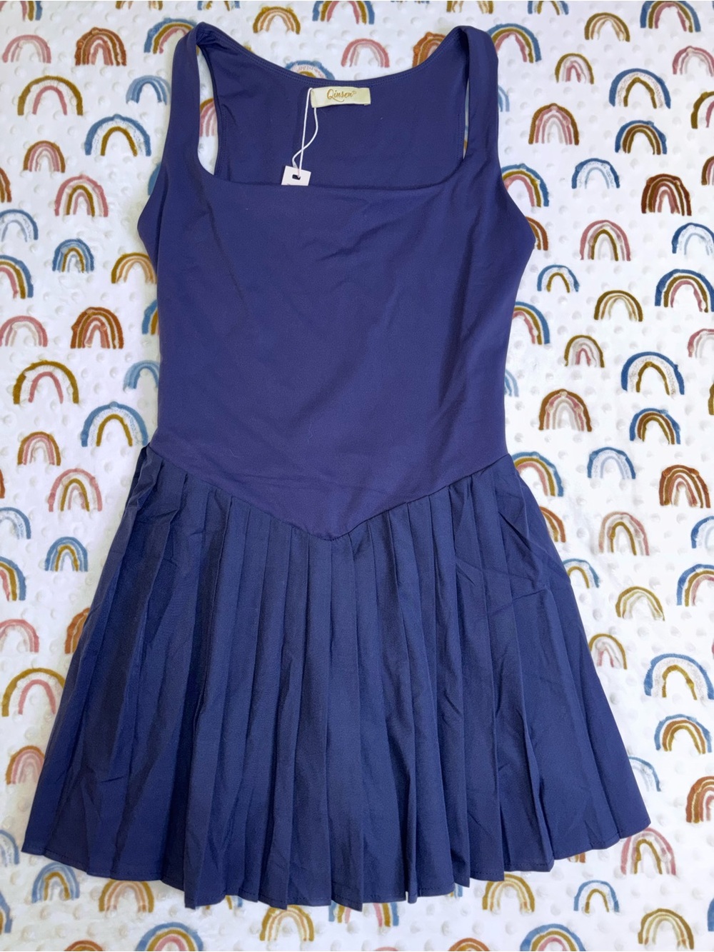 Qinsen Navy Sleeveless Pleated Midi Dress size M